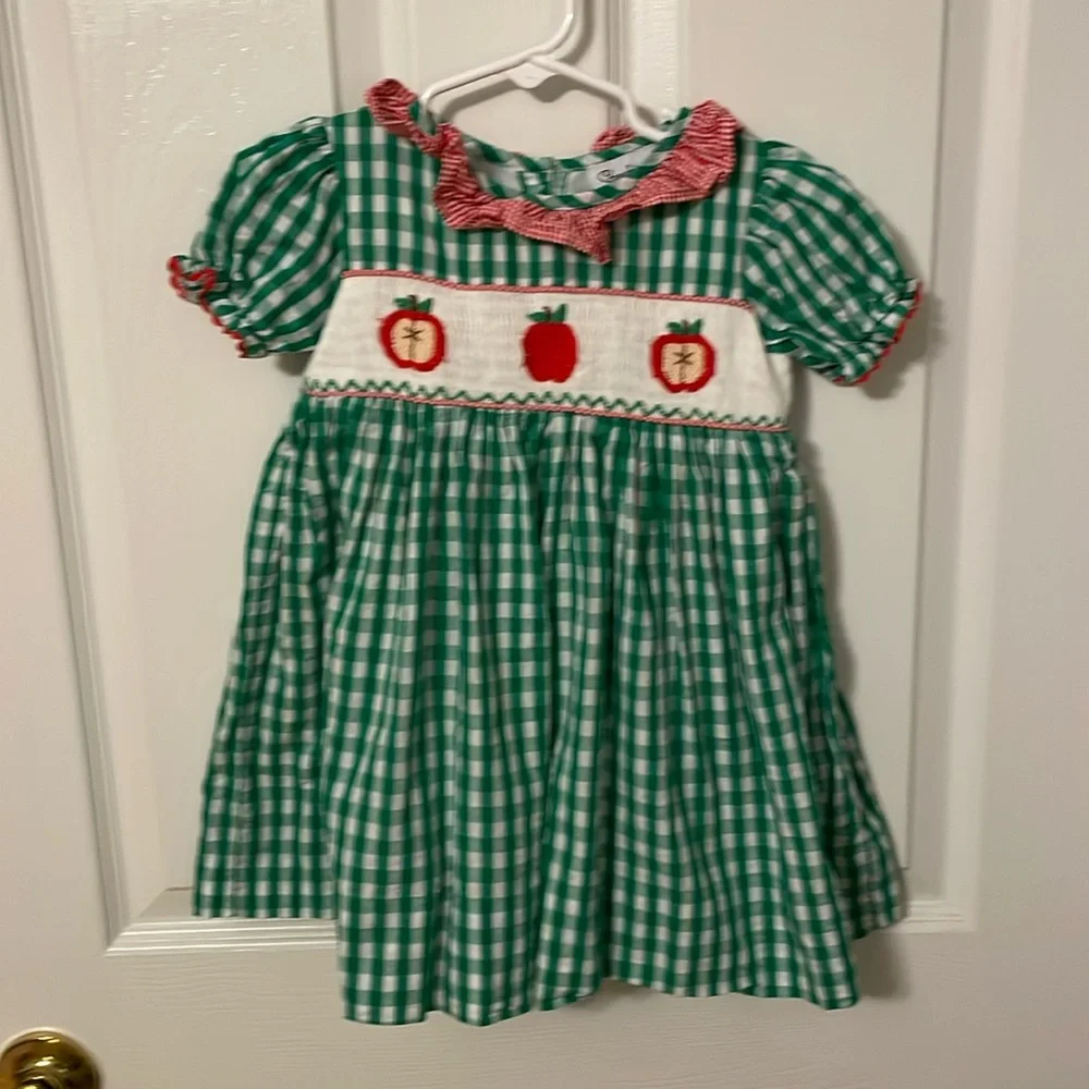 Green Gingham Apple Embroidered Short-Sleeve Dress for Girls